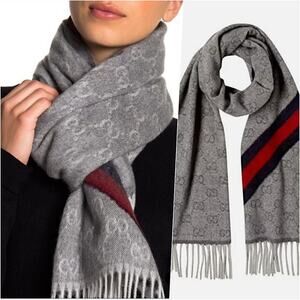 Gucci GG Web Wool Scarf Grey NWOT*f
